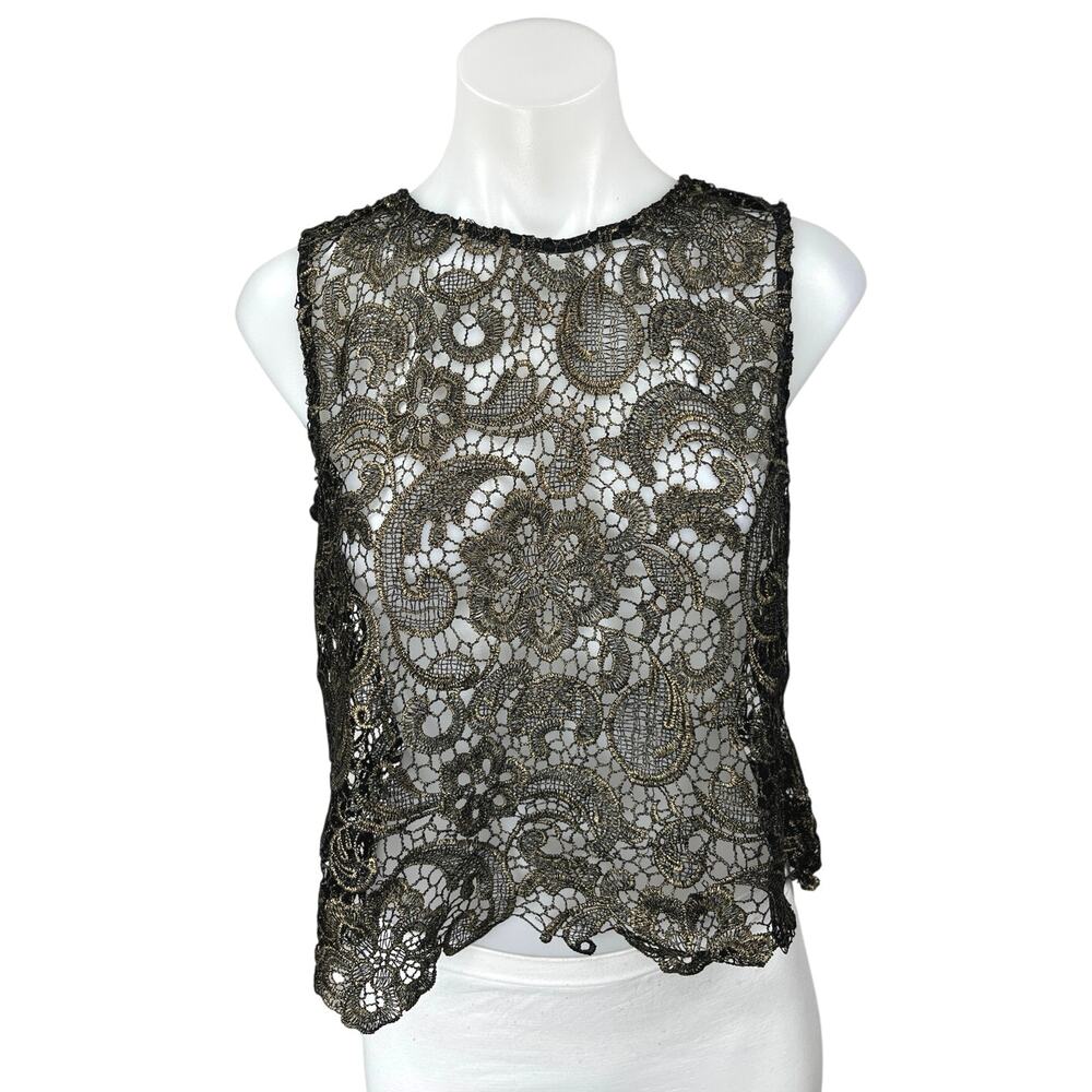 Sans Souci Black Crochet Open Knit Floral Paisley Sleeveless Tank Blouse Top M